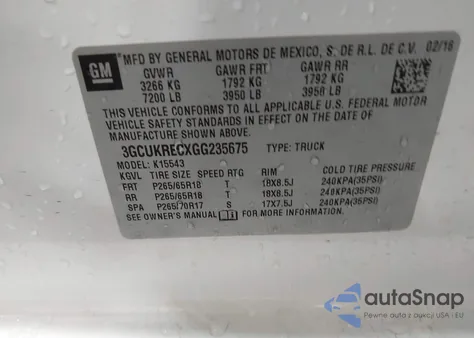 2016 Chevrolet Silverado 1500 2Lt z USA, uszkodzony, nr VIN 3GCUKRECXGG235675